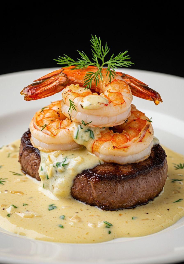 Surf and turf with creamy garlic prawns
