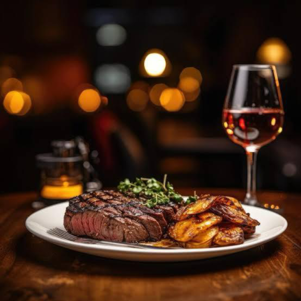 Steak dinner with a glass of wine